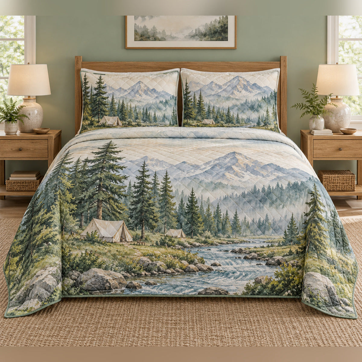 Woodland Watercolor Camp Quilt Set, front bedroom view