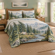 Woodland Watercolor Camp Quilt Set, angled bedroom view