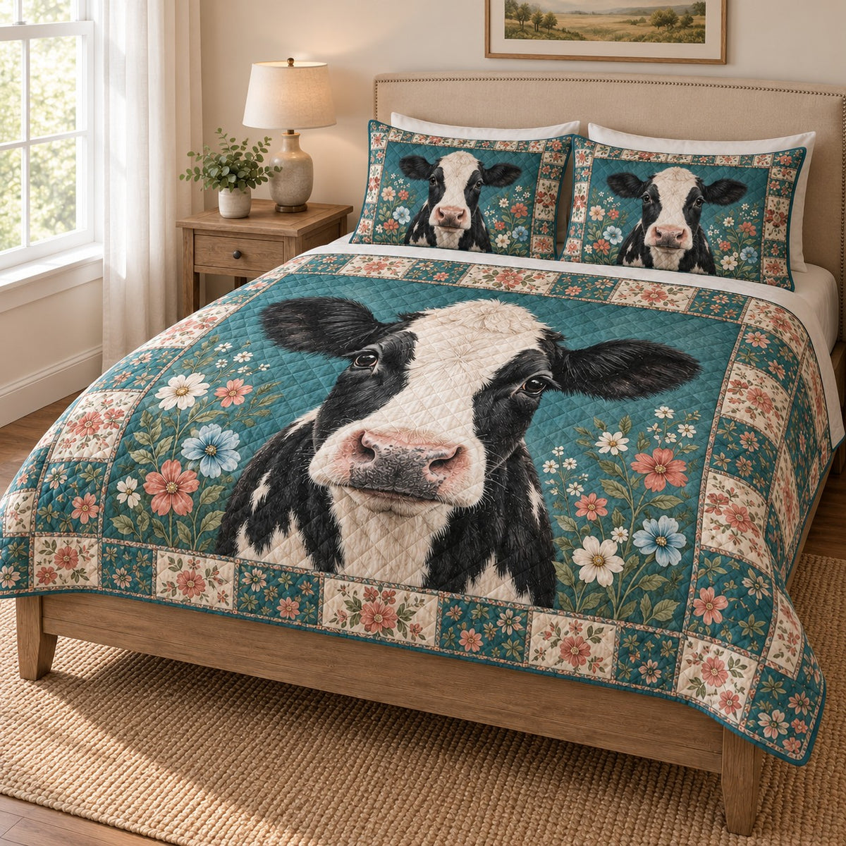 Black & White Cow Floral Quilt Set: angled bedroom view showing the quilt artwork and coordinating shams