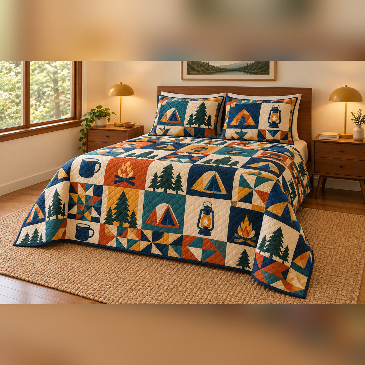 Retro Camp Icon Patchwork Quilt Set, angled bedroom view
