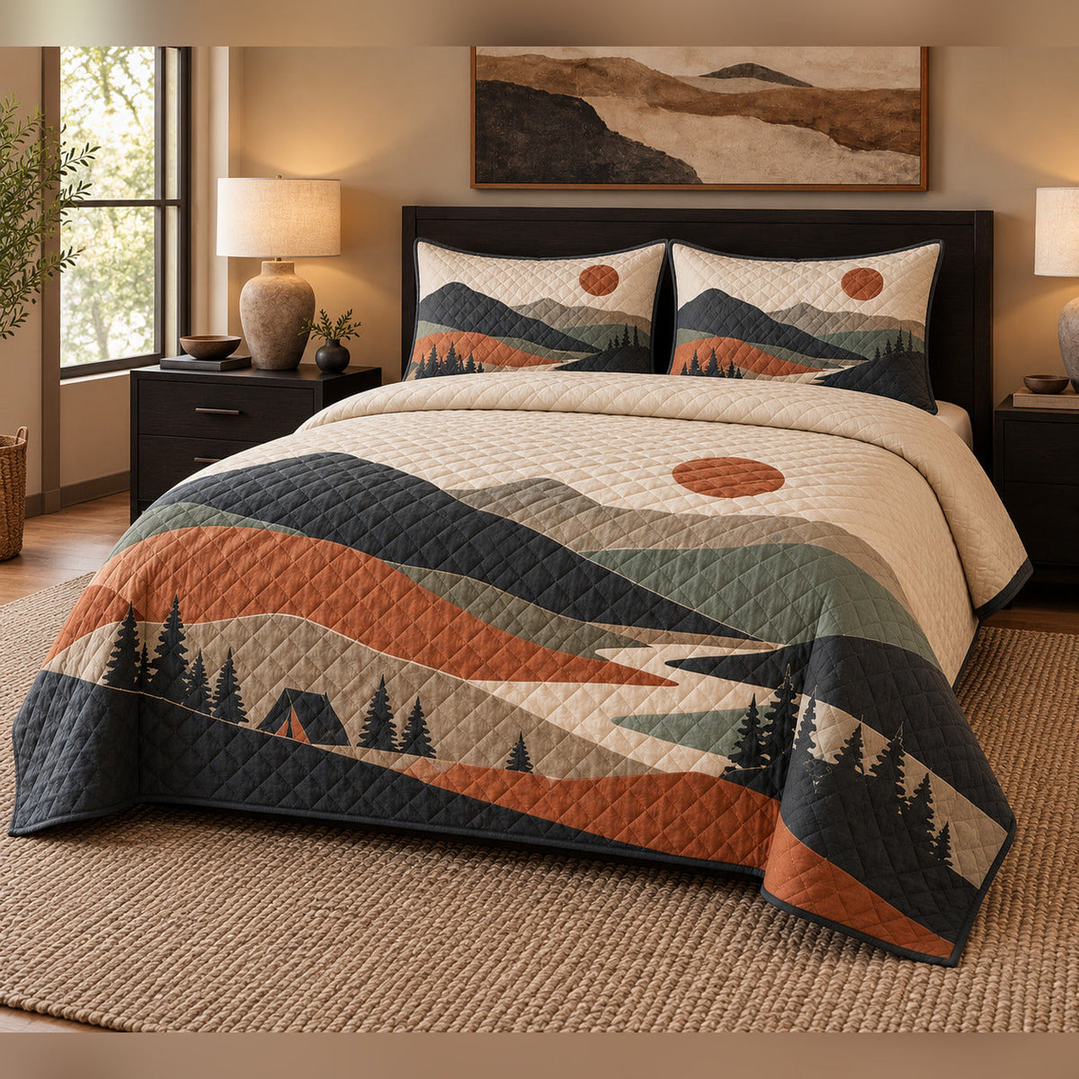 Modern Topographic Camp Quilt Set, angled bedroom view