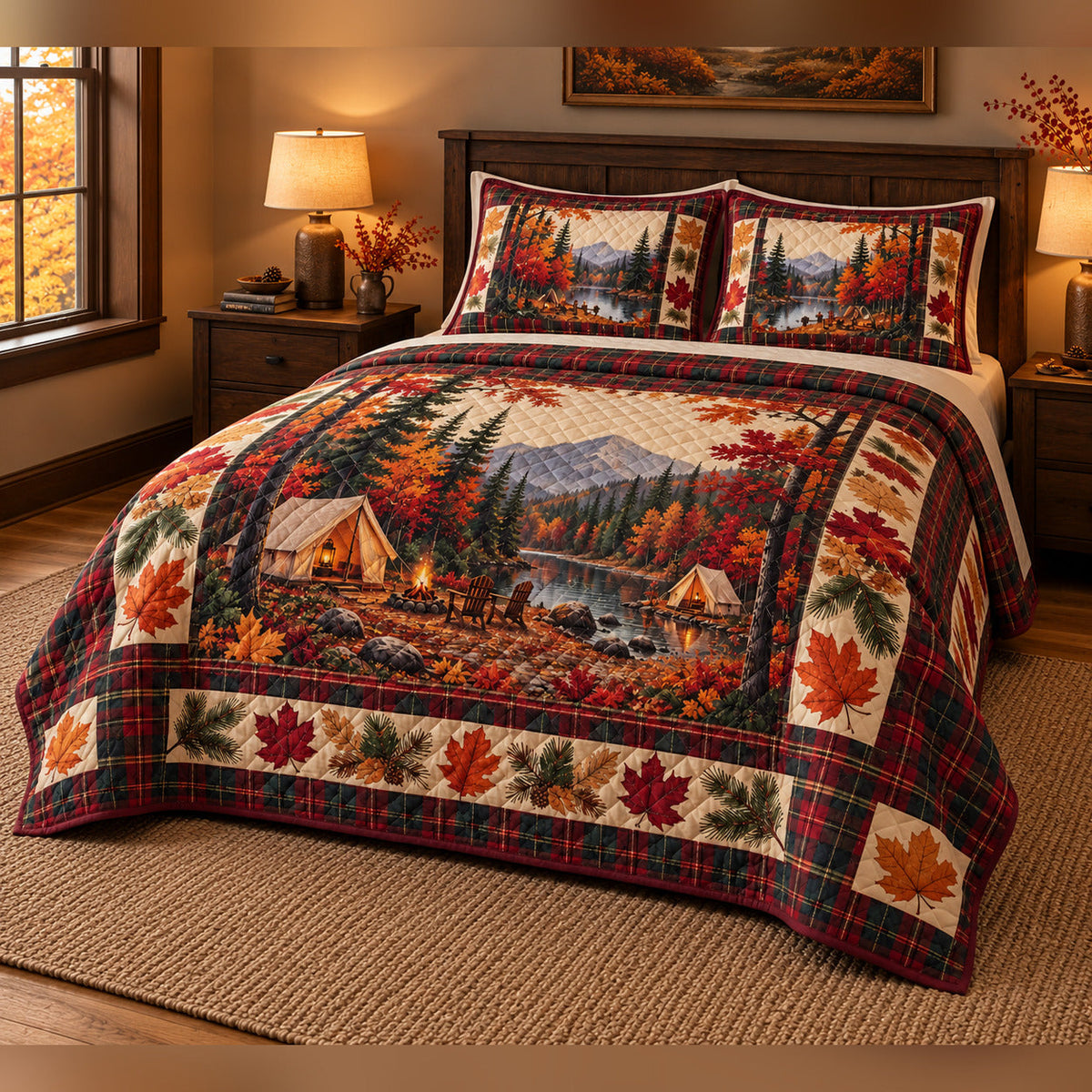 Autumn Forest Campsite Quilt Set, angled bedroom view