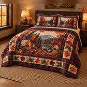 Autumn Forest Campsite Quilt Set, angled bedroom view