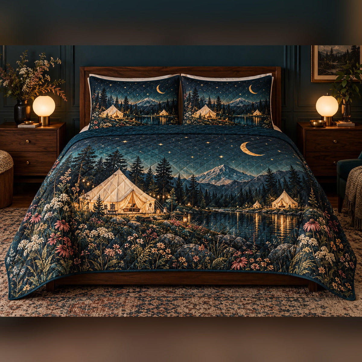Botanical Glamping Night Quilt Set, front bedroom view