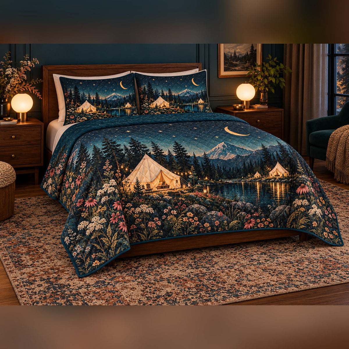 Botanical Glamping Night Quilt Set, angled bedroom view