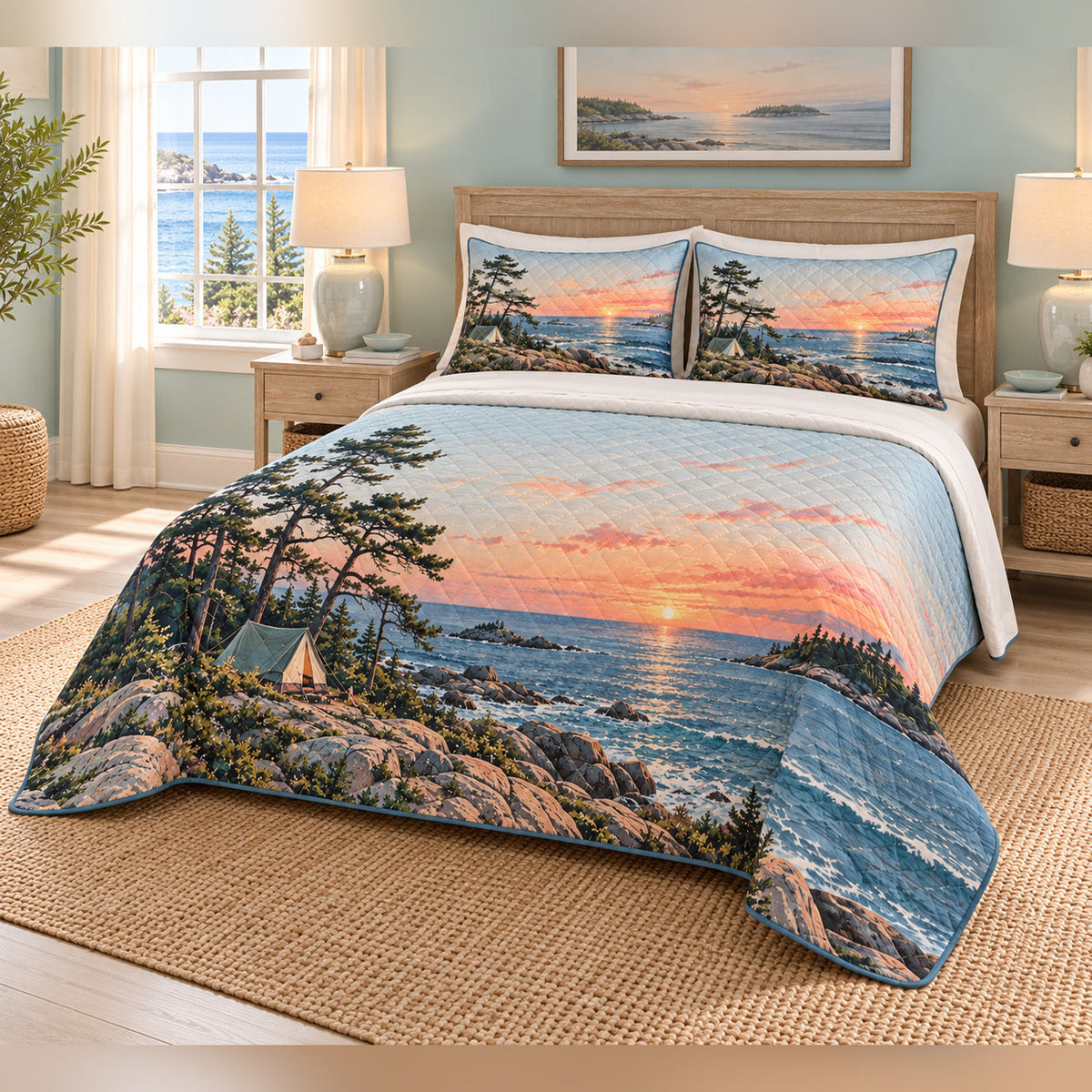 Coastal Pine Camp Quilt Set, angled bedroom view