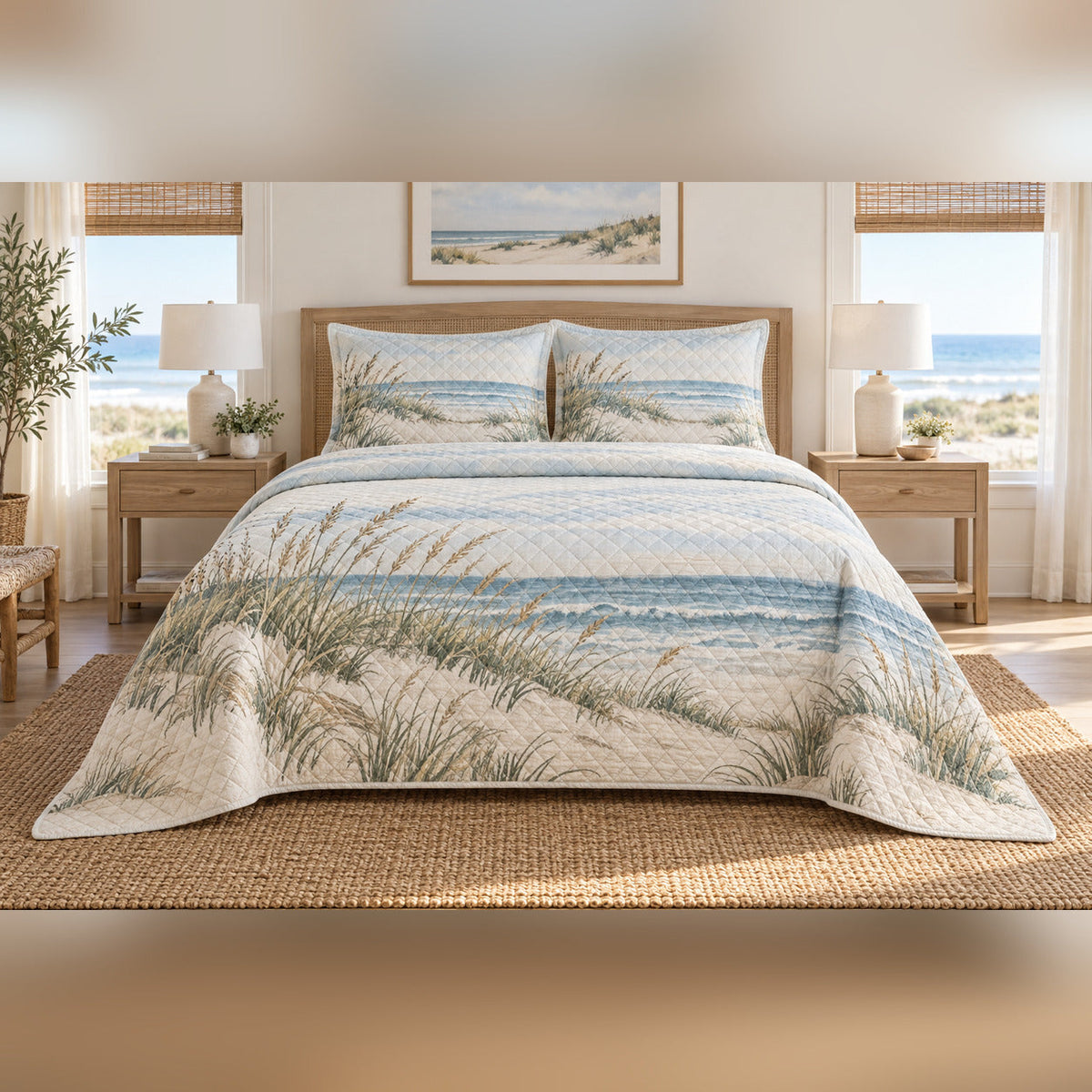 Dune Grass Shoreline Coastal Quilt Set, front coastal bedroom view