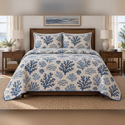 Indigo Coral Block Print Coastal Quilt Set, front coastal bedroom view