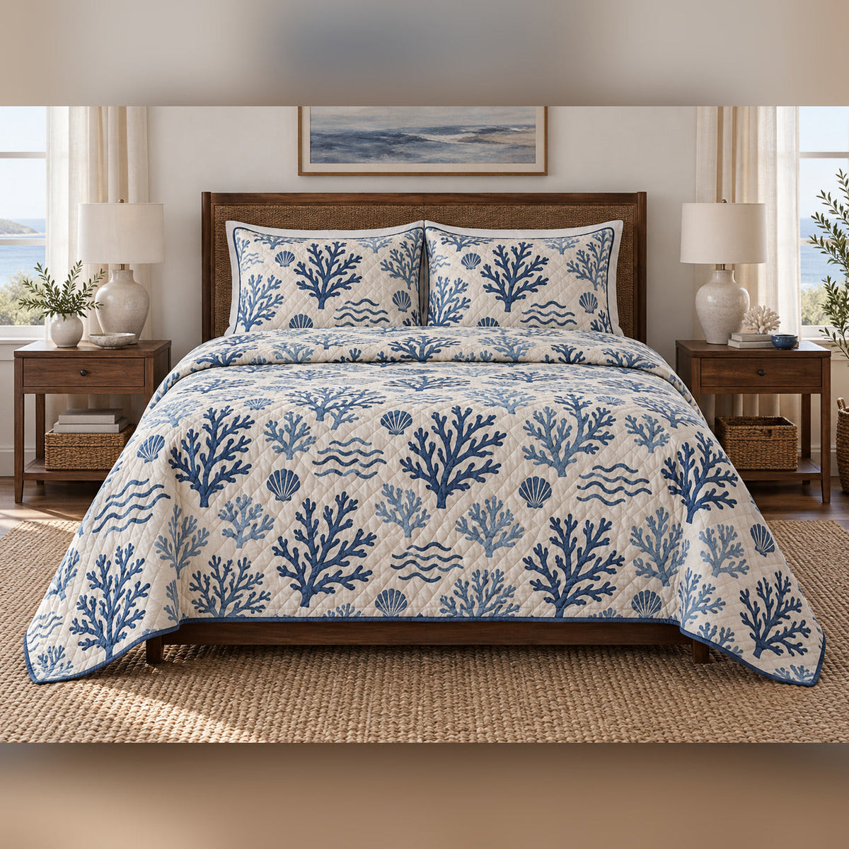 Indigo Coral Block Print Coastal Quilt Set, front coastal bedroom view