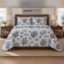 Indigo Coral Block Print Coastal Quilt Set