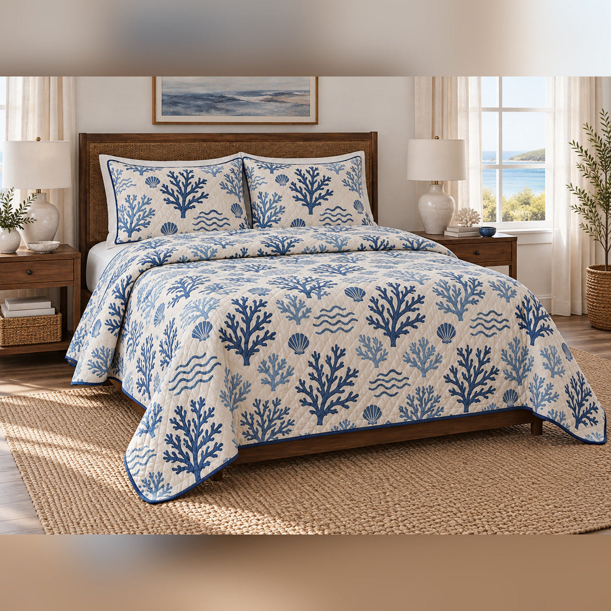 Indigo Coral Block Print Coastal Quilt Set, angled coastal bedroom view