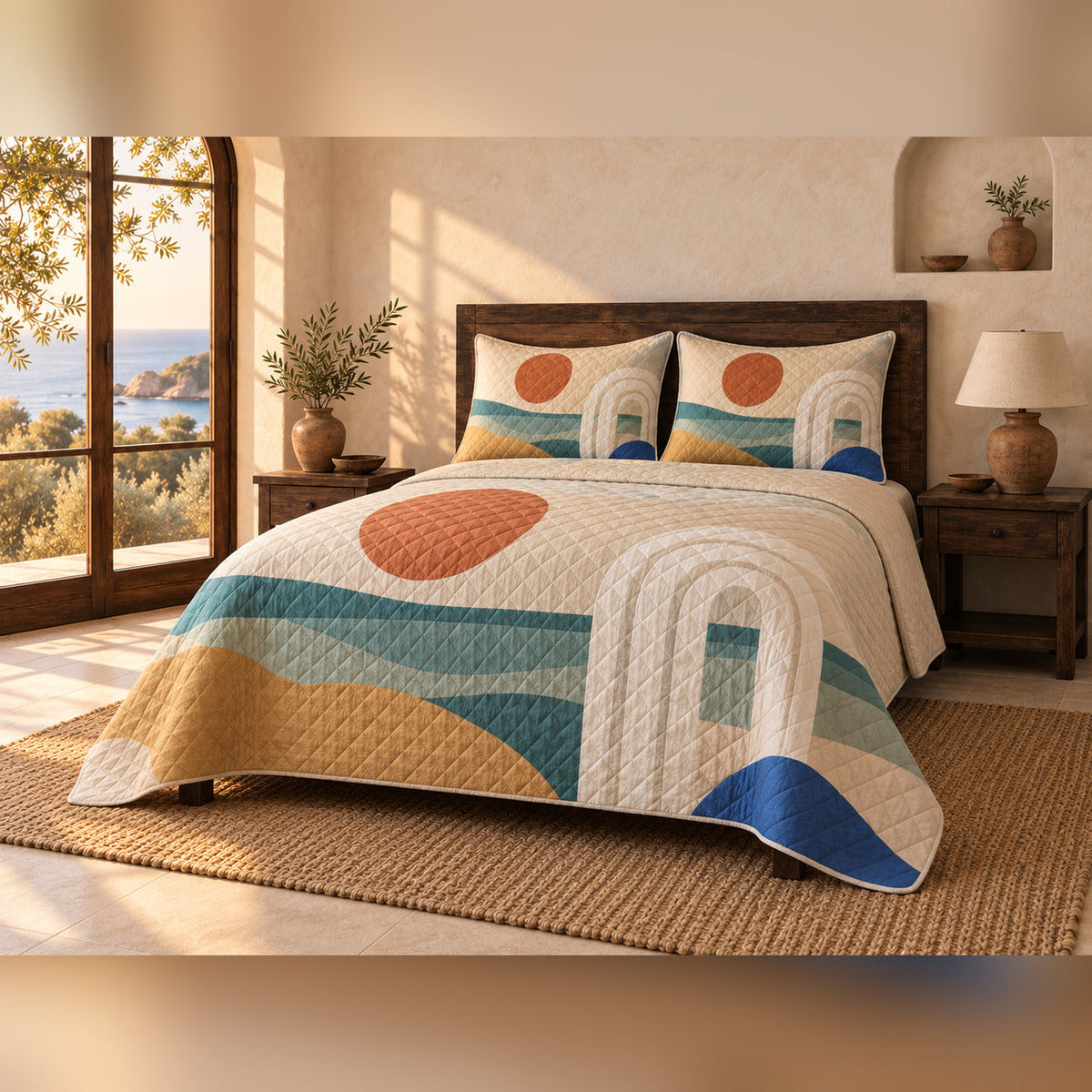 Mediterranean Horizon Coastal Quilt Set, angled coastal bedroom view