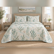 Seafoam Shore Botanical Coastal Quilt Set, front coastal bedroom view