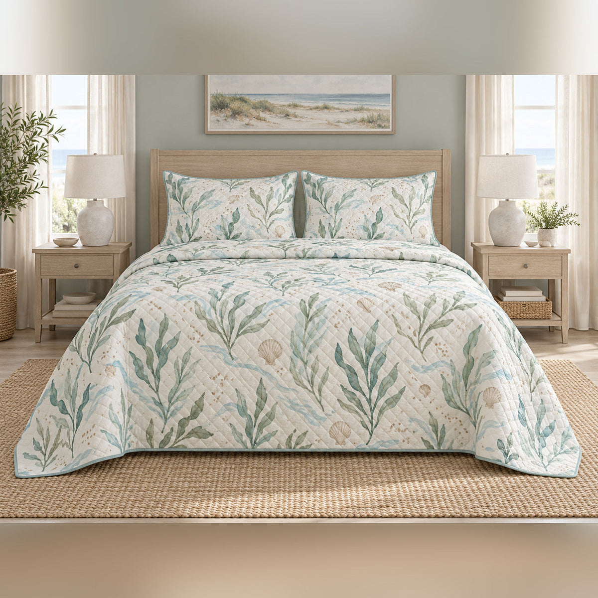 Seafoam Shore Botanical Coastal Quilt Set, front coastal bedroom view