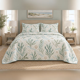 Seafoam Shore Botanical Coastal Quilt Set