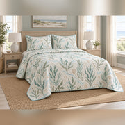 Seafoam Shore Botanical Coastal Quilt Set, angled coastal bedroom view