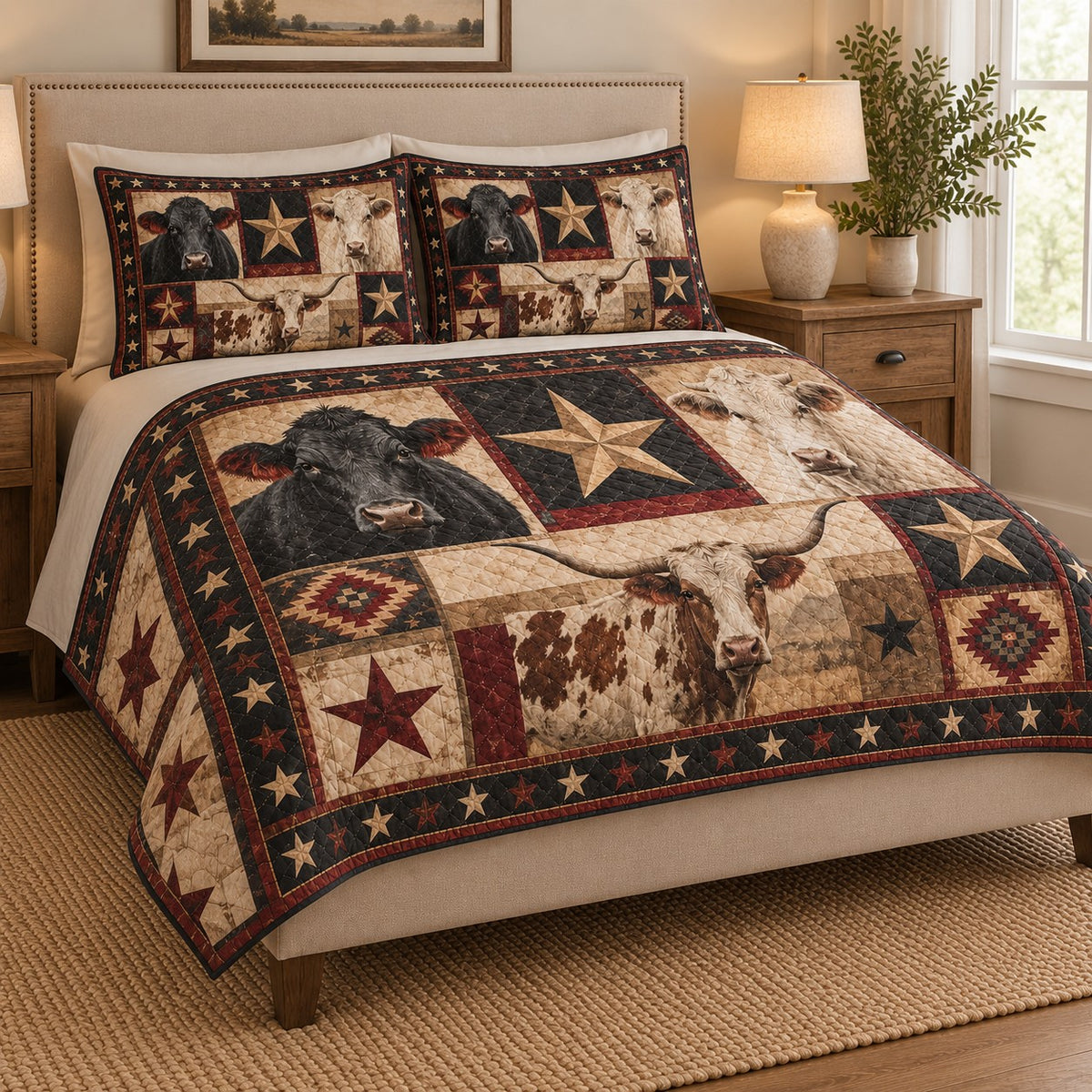 Western Cow Star Farmhouse Quilt Set: angled bedroom view showing the quilt artwork and coordinating shams