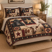 Western Cow Star Farmhouse Quilt Set: angled bedroom view showing the quilt artwork and coordinating shams