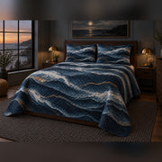 Midnight Tide Coastal Quilt Set, angled coastal bedroom view