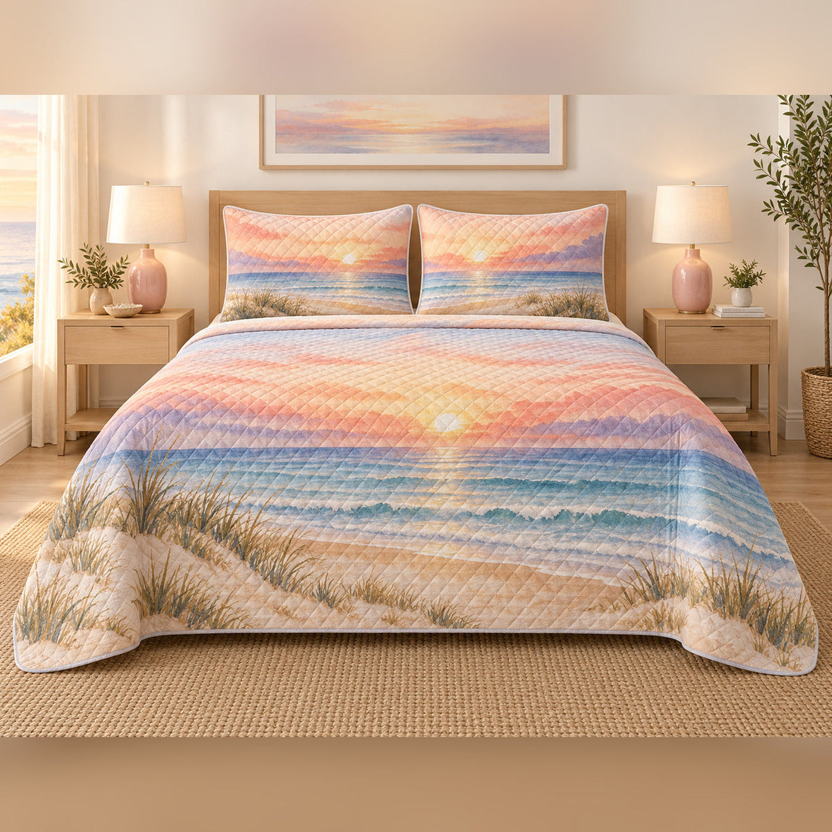 Coral Sunrise Shore Coastal Quilt Set, front coastal bedroom view