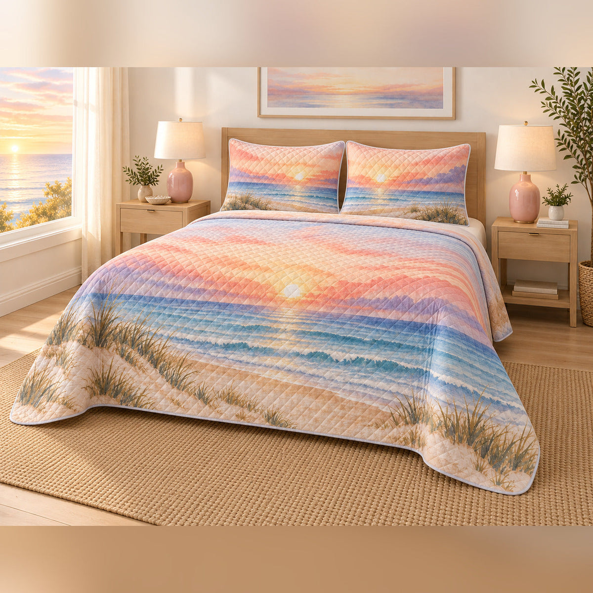 Coral Sunrise Shore Coastal Quilt Set, angled coastal bedroom view