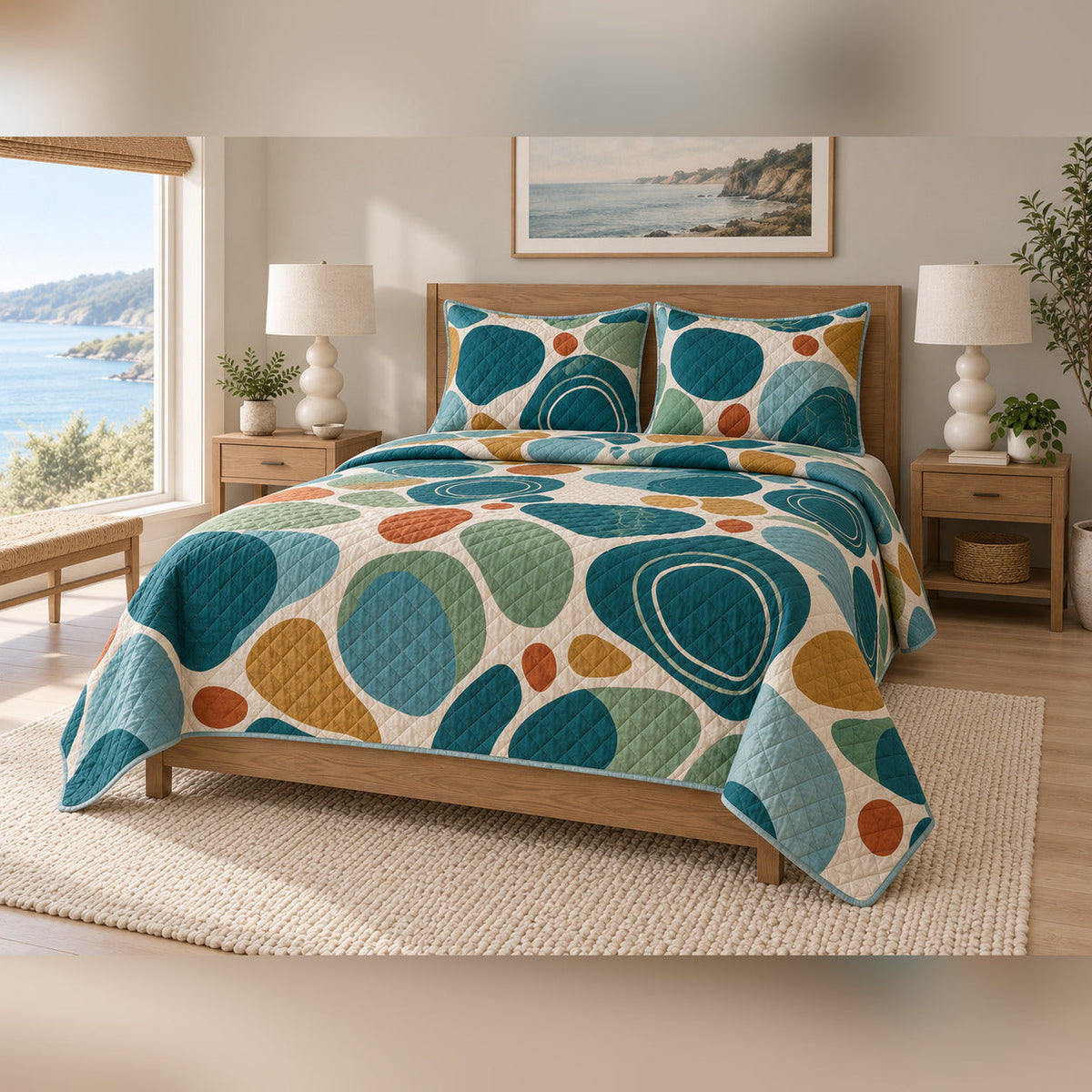 Abstract Tide Pools Coastal Quilt Set, angled coastal bedroom view