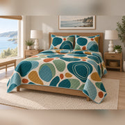 Abstract Tide Pools Coastal Quilt Set, angled coastal bedroom view