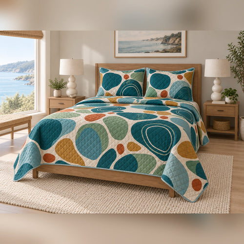Abstract Tide Pools Coastal Quilt Set, angled coastal bedroom view