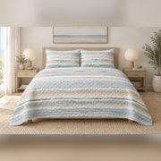 Minimal Shoreline Stripe Coastal Quilt Set, front coastal bedroom view