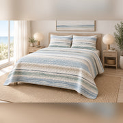 Minimal Shoreline Stripe Coastal Quilt Set, angled coastal bedroom view