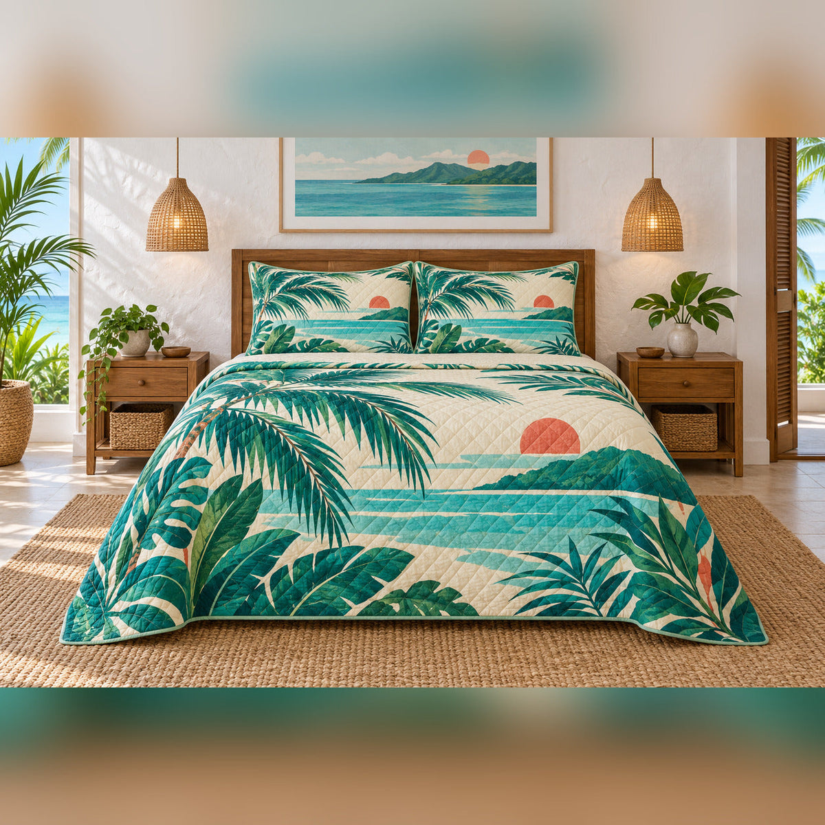 Emerald Tropical Coast Quilt Set, front coastal bedroom view