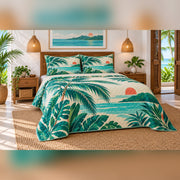 Emerald Tropical Coast Quilt Set, angled coastal bedroom view