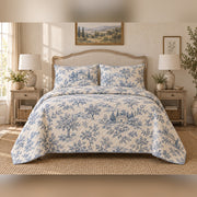 Blue Pastoral Toile French Country Quilt Set, front French country bedroom view