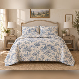 Blue Pastoral Toile French Country Quilt Set