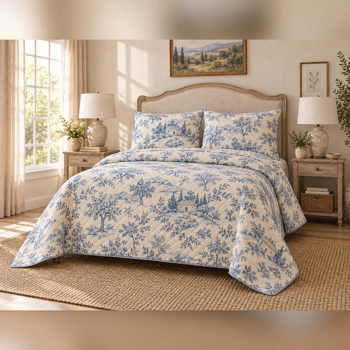 Blue Pastoral Toile French Country Quilt Set, angled French country bedroom view