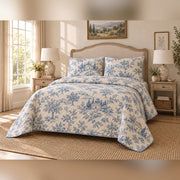 Blue Pastoral Toile French Country Quilt Set, angled French country bedroom view