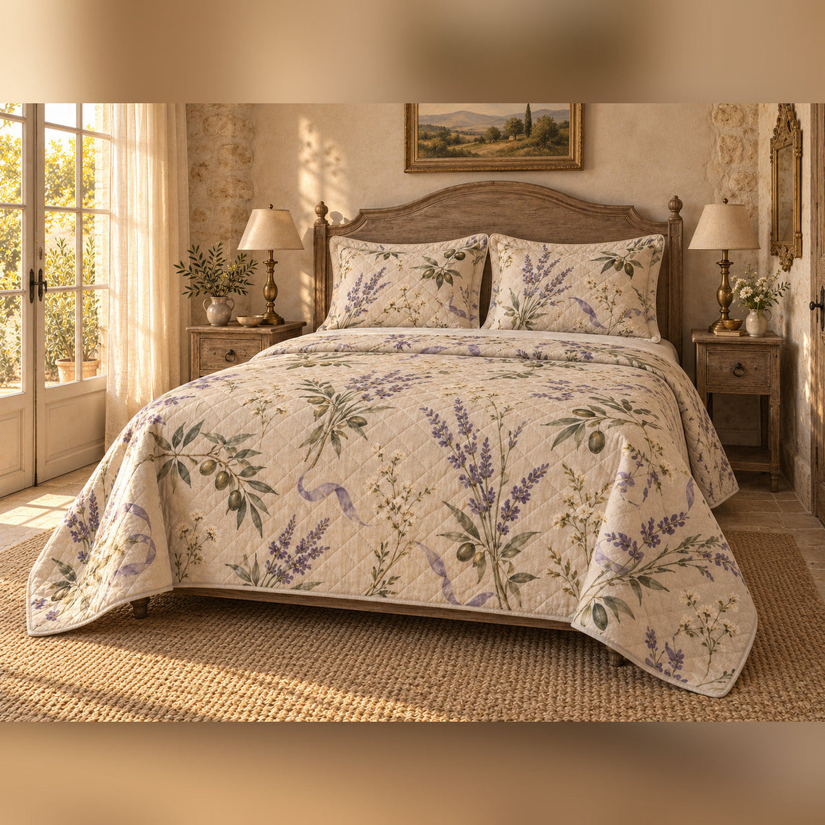 Lavender Olive Garden French Country Quilt Set, angled French country bedroom view