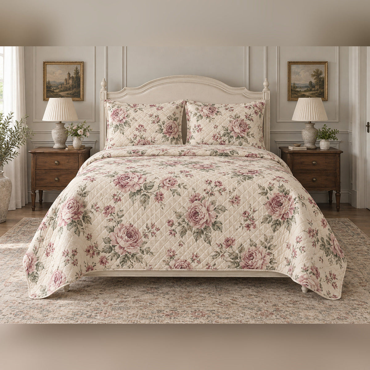 Dusty Rose Garden French Country Quilt Set, front French country bedroom view