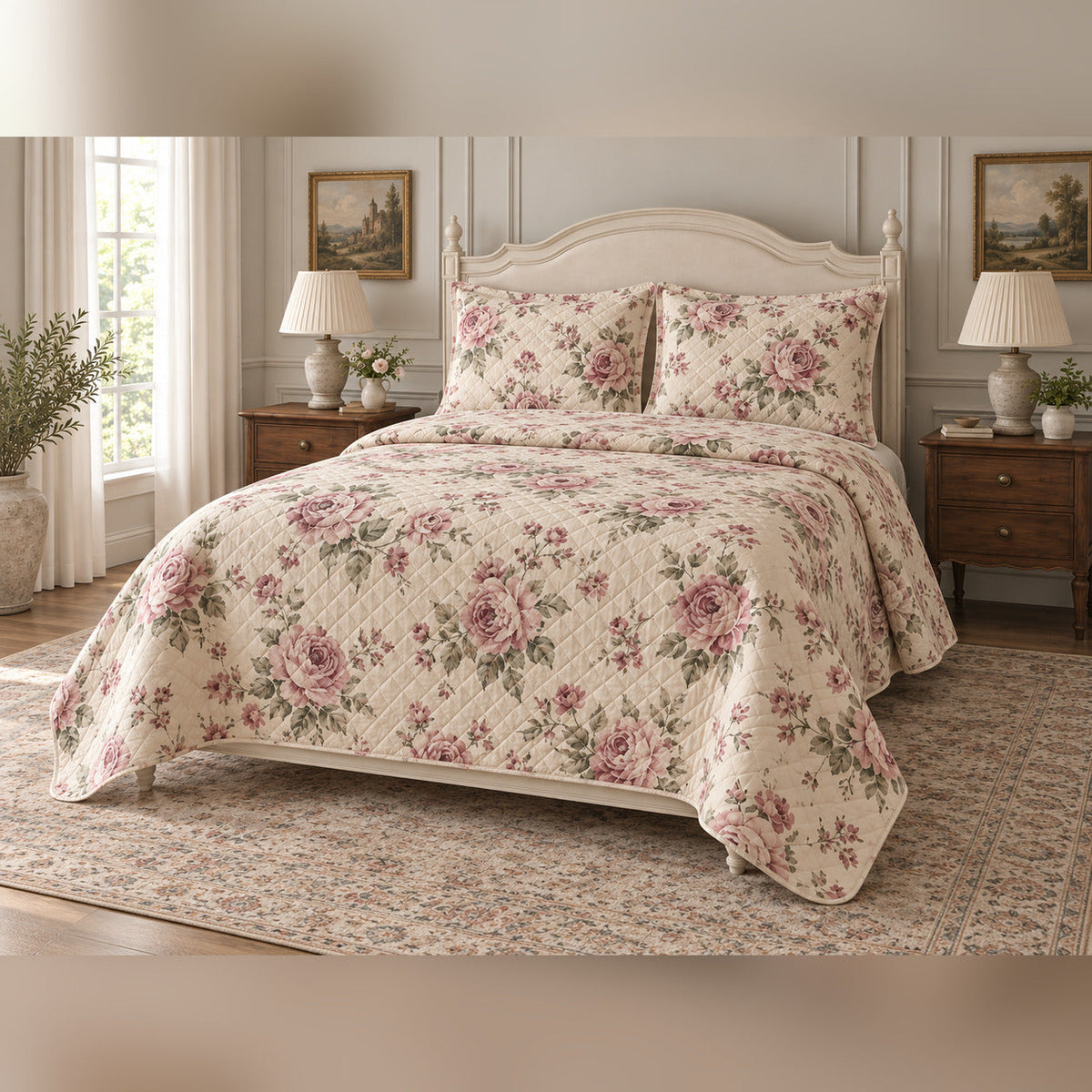 Dusty Rose Garden French Country Quilt Set, angled French country bedroom view
