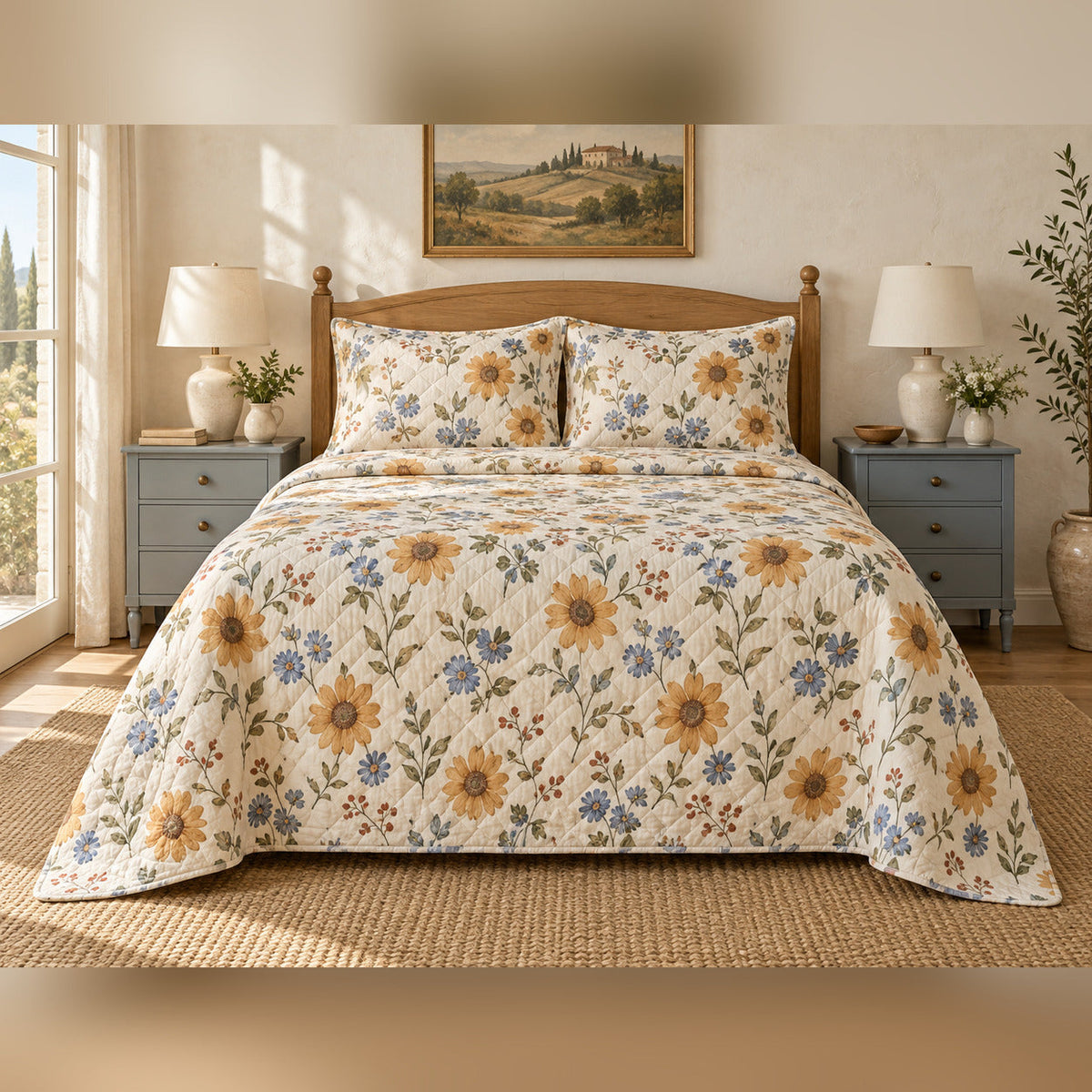 Ochre Blue Wildflower French Country Quilt Set, front French country bedroom view
