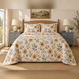 Ochre Blue Wildflower French Country Quilt Set