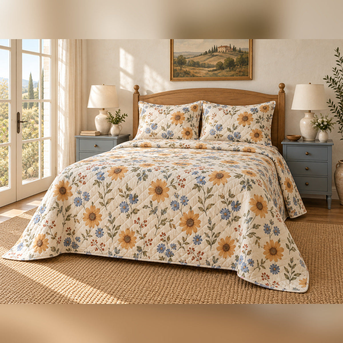 Ochre Blue Wildflower French Country Quilt Set, angled French country bedroom view