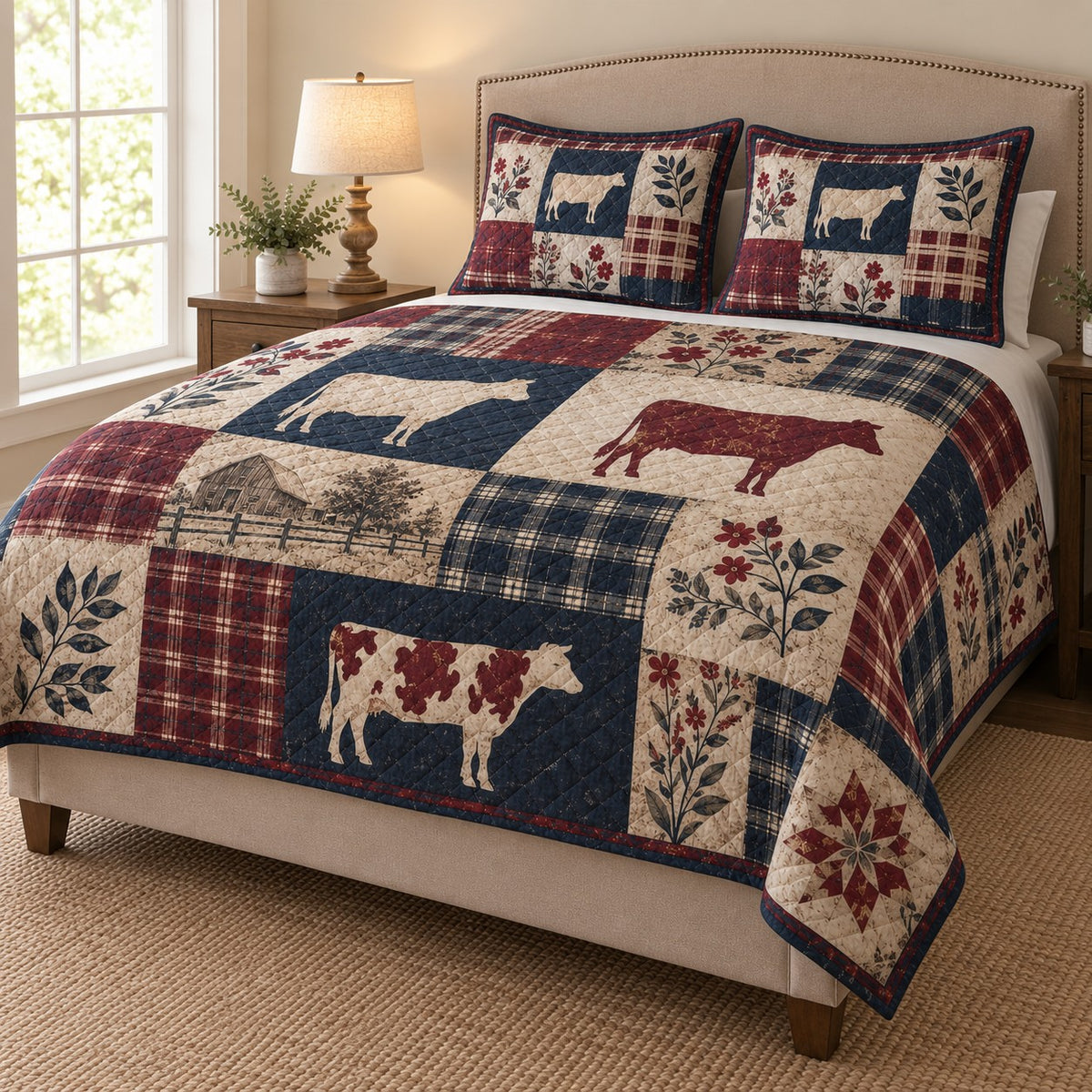 Cow Farmhouse Floral Plaid Quilt Set: angled bedroom view showing the quilt artwork and coordinating shams
