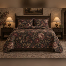 Burgundy Night Garden French Country Quilt Set