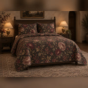 Burgundy Night Garden French Country Quilt Set, angled French country bedroom view