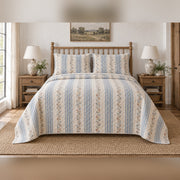 River Blue Ticking French Country Quilt Set, front French country bedroom view