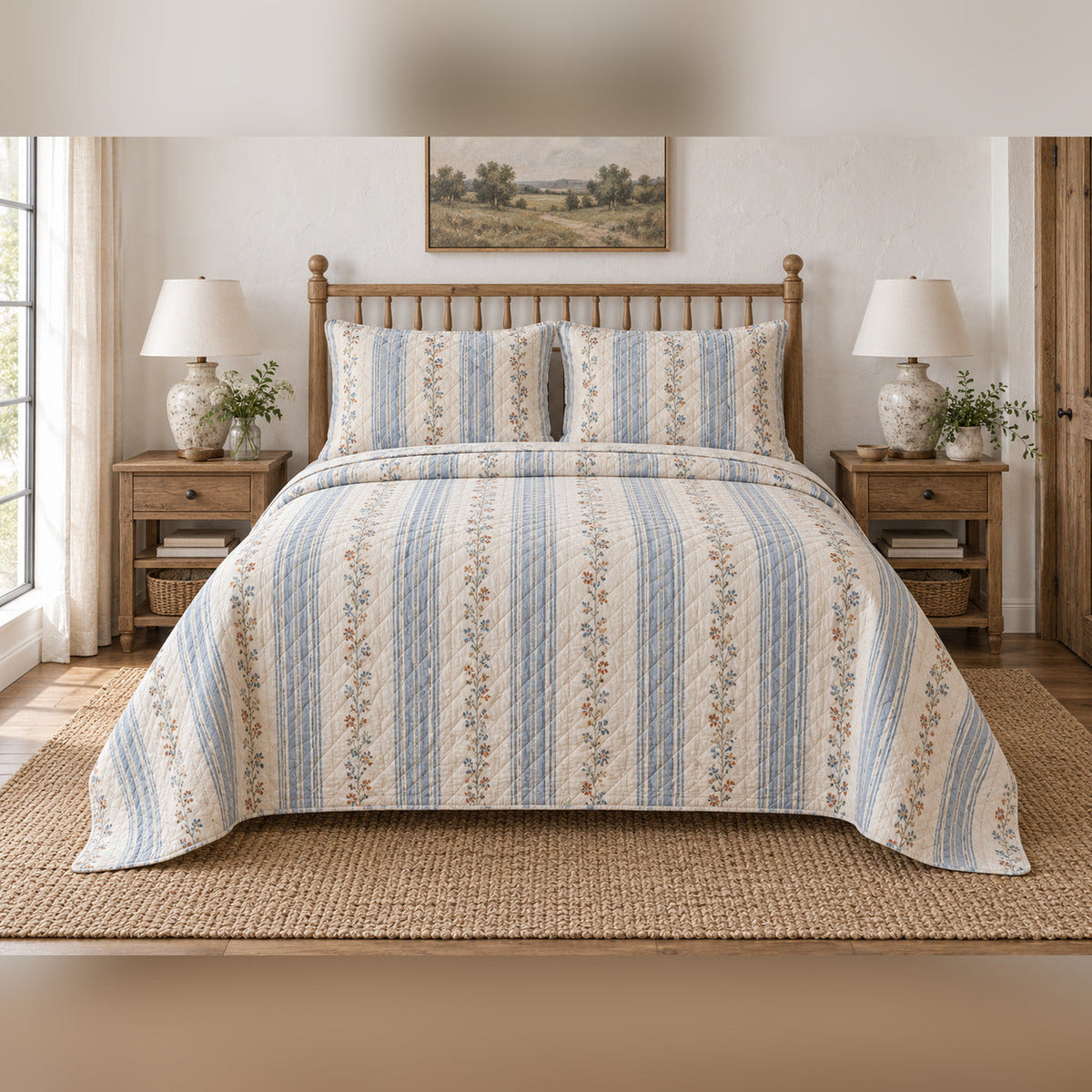 River Blue Ticking French Country Quilt Set, front French country bedroom view