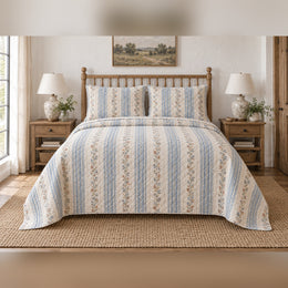River Blue Ticking French Country Quilt Set