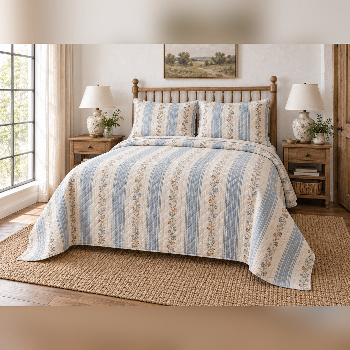 River Blue Ticking French Country Quilt Set, angled French country bedroom view