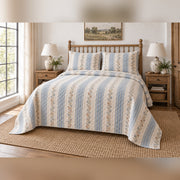 River Blue Ticking French Country Quilt Set, angled French country bedroom view